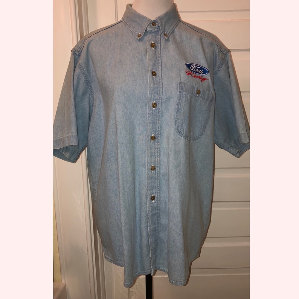 Y2K Three Rivers Ford Racing Short Sleeve Denim Shirt, Sz Lg
